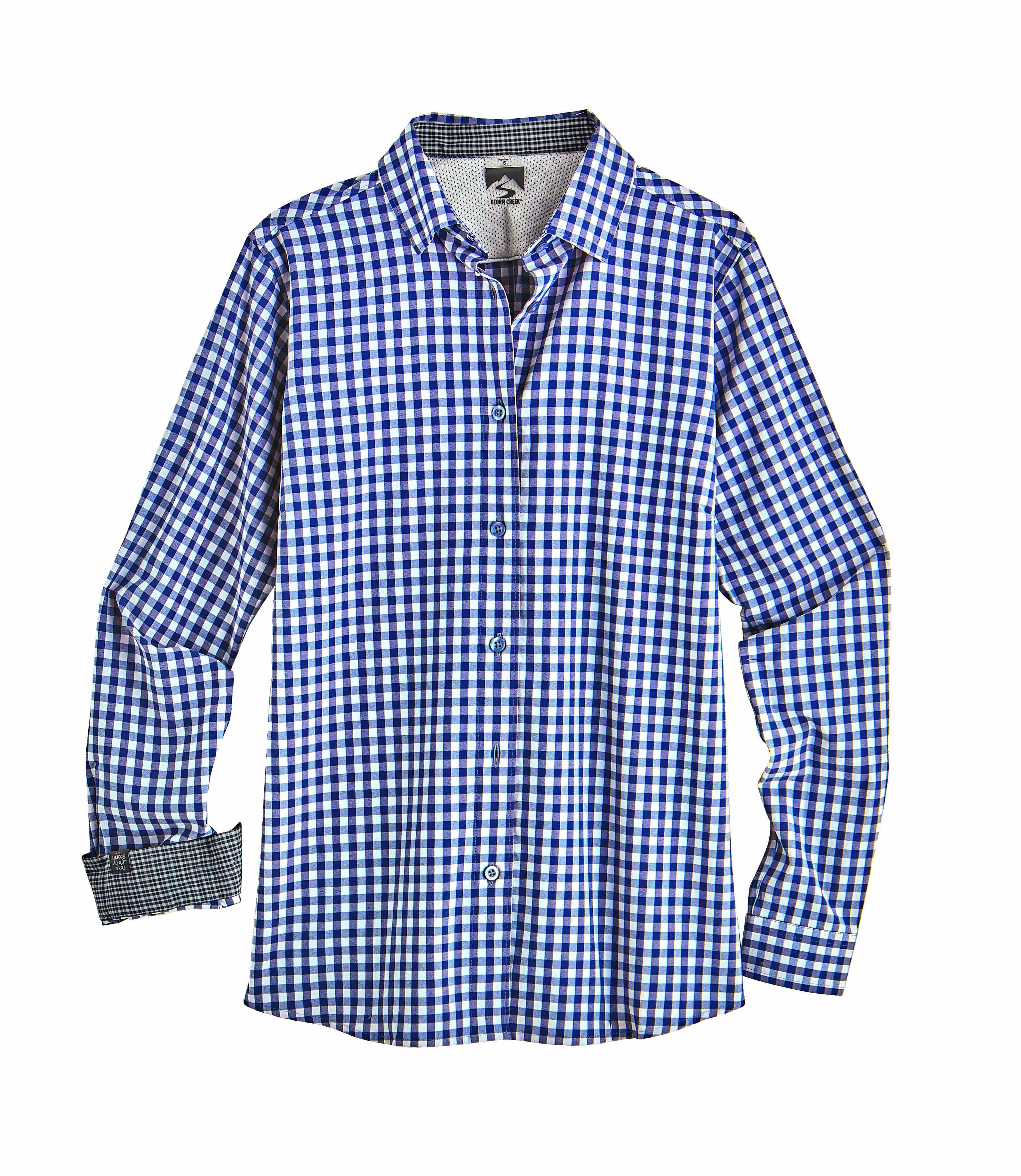 Storm Creek Influencer Gingham 4 Way Stretch Eco Woven Long Sleeve Shirt for Ladies True Blue S